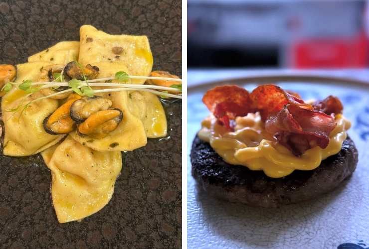 collage primo piatto e hamburger